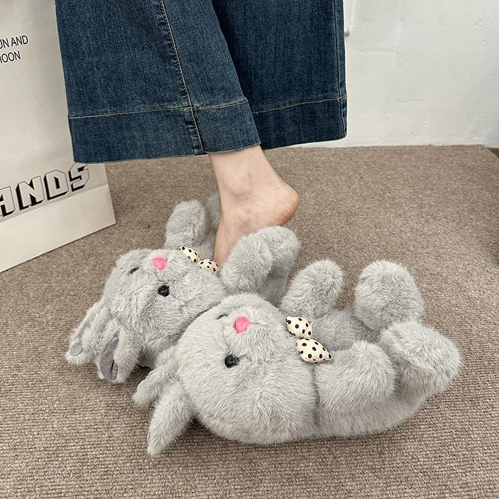 Mengmeng bunny girl fluffy single shoes autumn and winter cute cartoon design feeling bow warm big cotton shoes