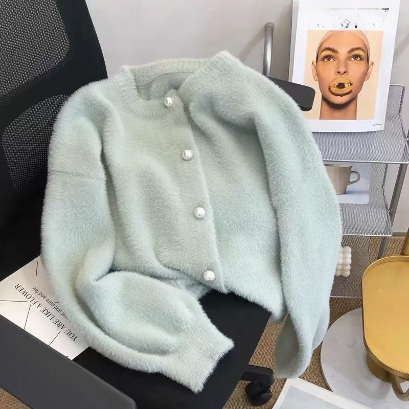 Autumn Winter Mint Green Faux Mink Plush Sweater Cardigan Women Designer Niche Lazy Knit Top