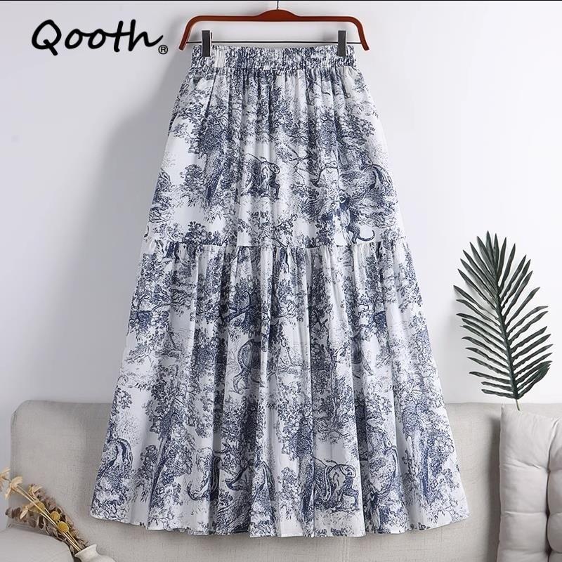 Qooth Elegant Women A-line Ink Painting Print Chiffon Skirt Mid Length Elastic Waist Skirt QT2653