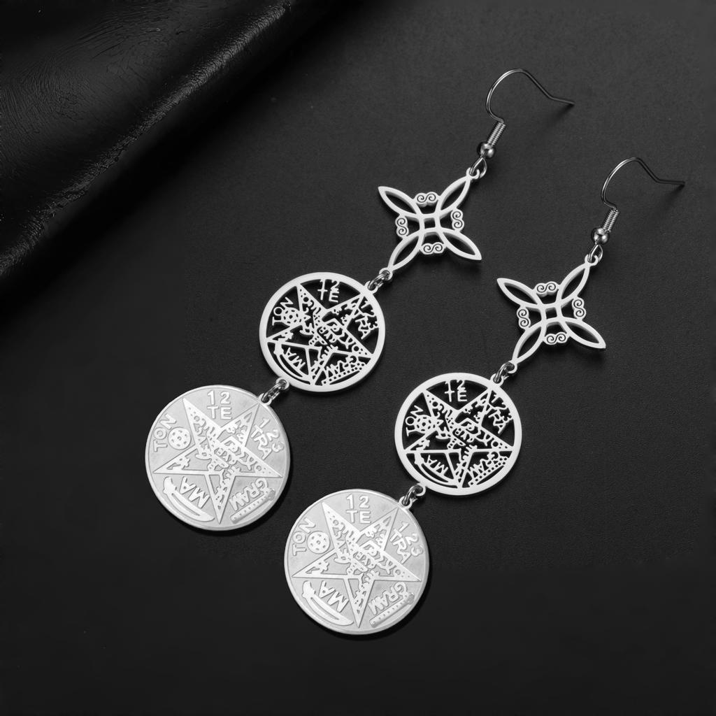 Jeshayuan ST. Benedict Medal Earrings Pentagram Drop Earring Witches Knot Tetragrammaton Earrings Christian Jewelry Gift