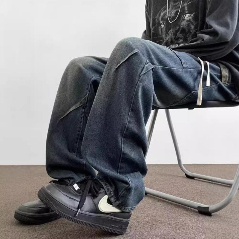 Mens Retro Blue Wide Leg Jeans Loose Straight Drawstring Denim Pants Teens
