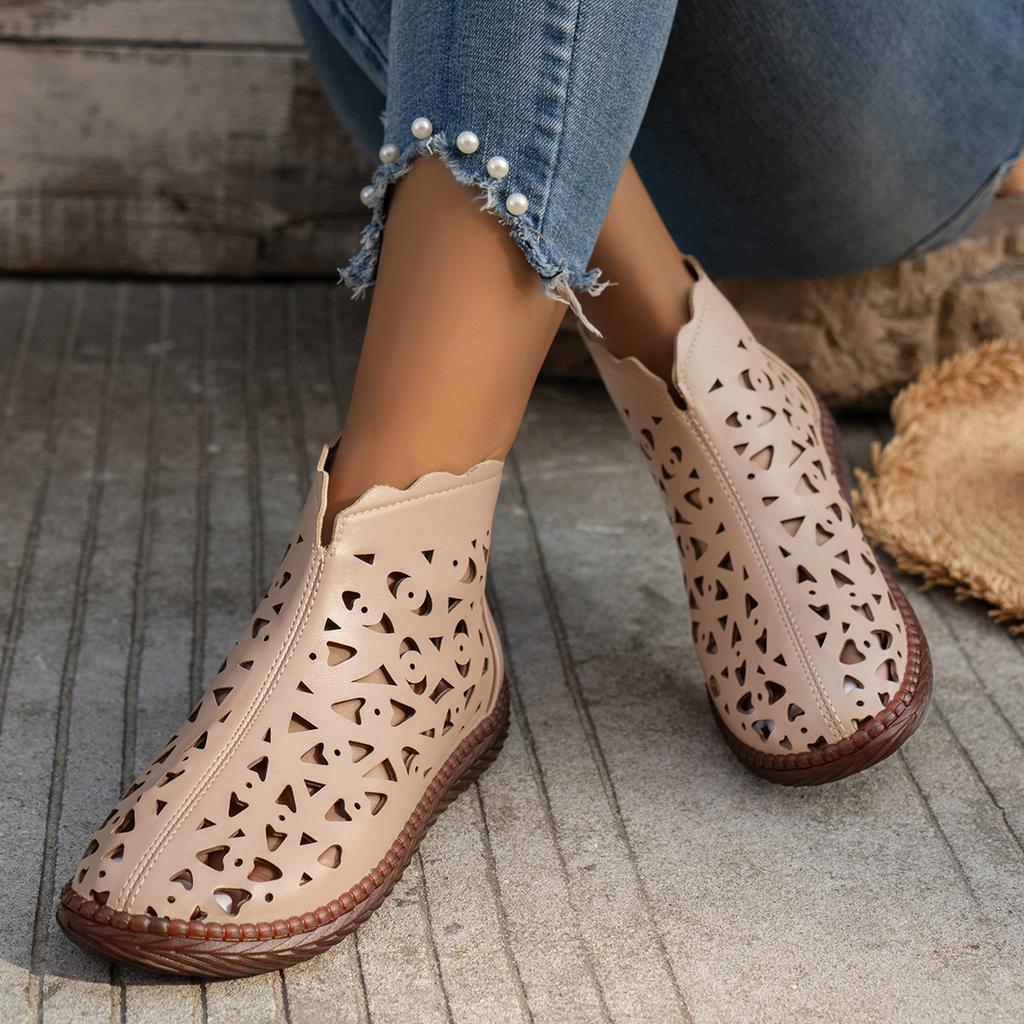 New Women's Round Toe Hollow Cutout Boots Retro Back Zipper Sandal Boots