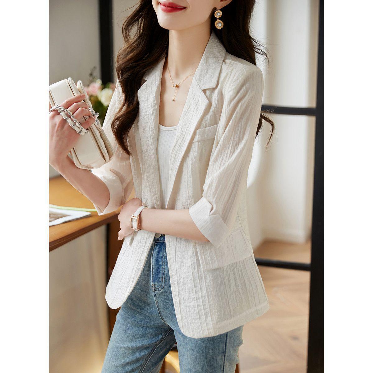 

Однотонный шифоновый пиджак с рукавами пять минут для женщин, летняя новая тенденция, повседневная солнцезащитная тонкая блузка, куртка S recommends 70-49 kg абрикосовый