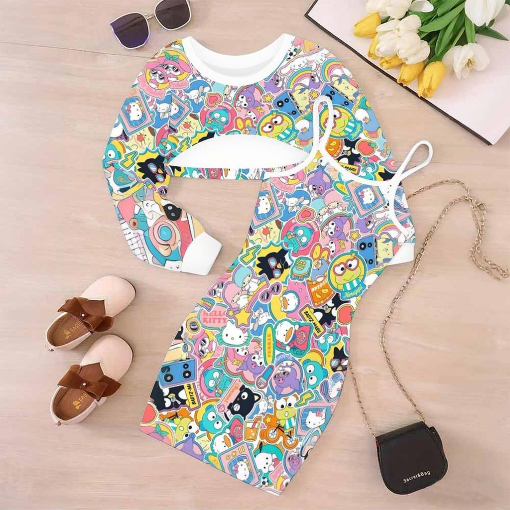 Girls Cartoon 2 Piece Outfits, Long Sleeve Crop Top + Spaghetti Strap Bodycon Dress, Lovely All‑Over Print Party Dress Set