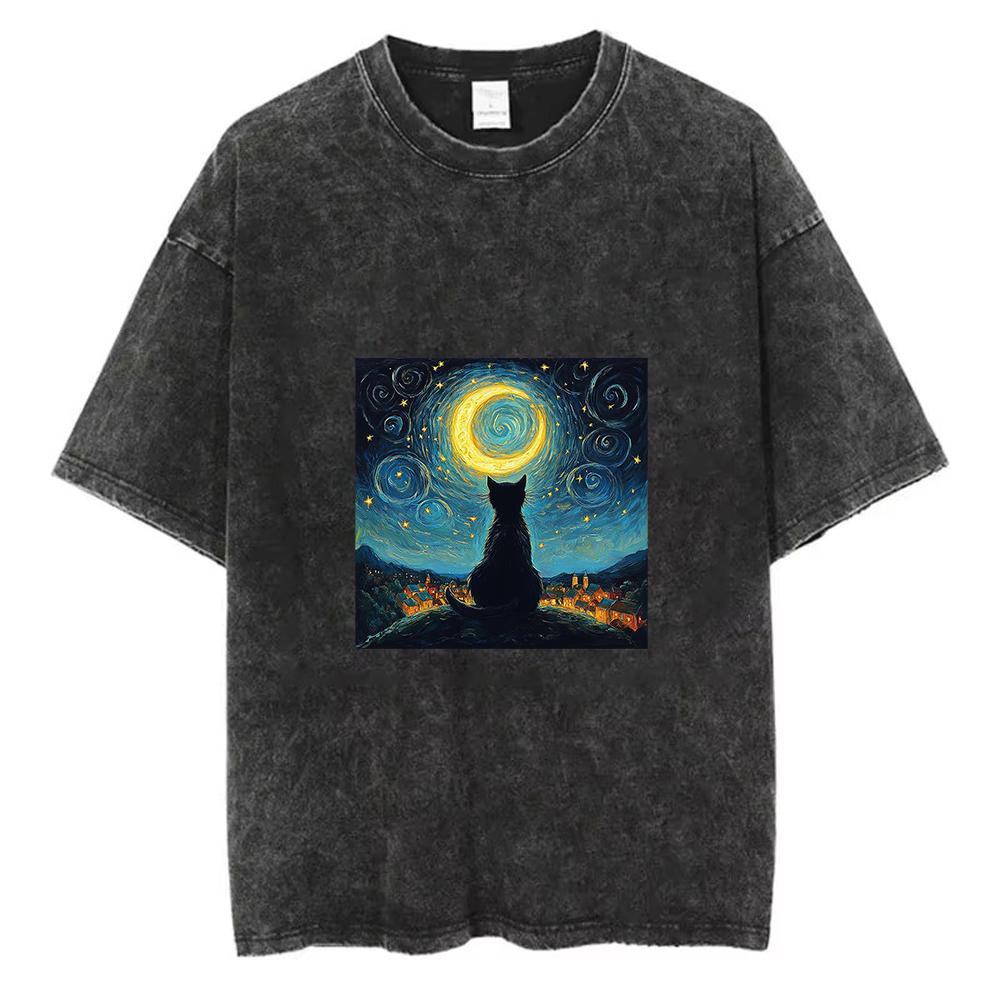 Vintage Washed Van Gogh Starry Night Black Cat Graphic Print Oversized T-Shirt Casual Loose Short Sleeve Tee for Cat