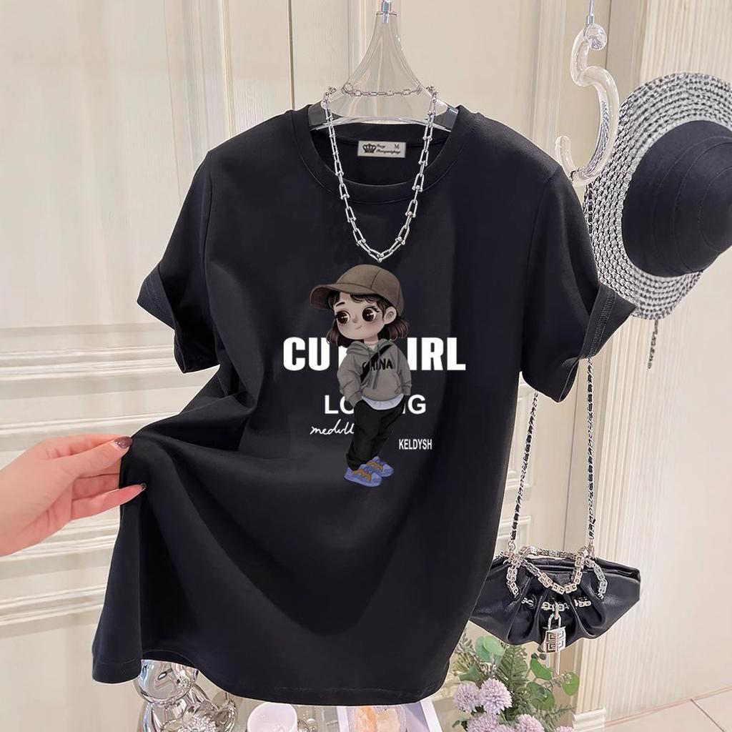 Large Version of Loose T-shirt for Women's Short-sleeved Pure Cotton Summer New Korean Version of Cute Girl Mid-length Top