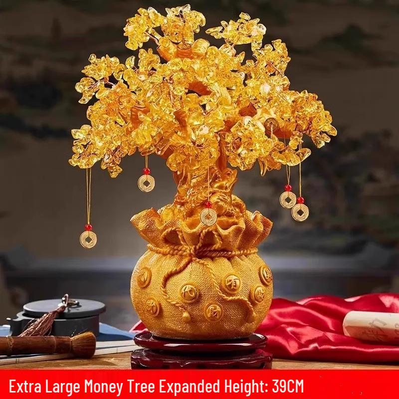 Citrine Money Tree Figurine: Attracts Wealth & Fortune, Perfect for Wine Cabinet or Living Room Entrance Decor.