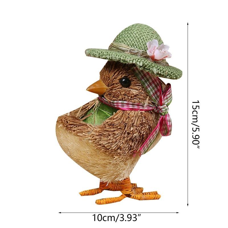 24TE Handmade Straw Small Duck Chick Figurine with Bowknot Weaving Animal Statue Ornament Easter Home Garden Wedding Party