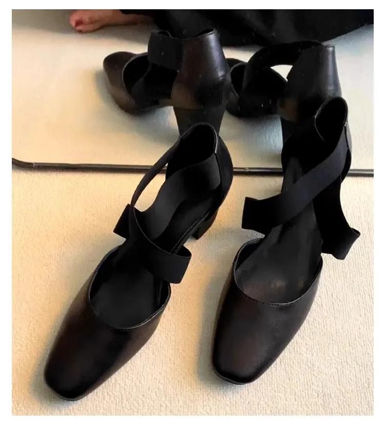 Fashion Round Toe Women's Sandals 2025 Women Pumps French Style Summer Lady Spring Autum Retro Shallow Mouth Square Thick Heel