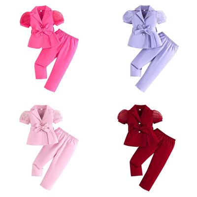 Girls' Short Sleeved Mesh Sleeves Fashionable Suit Jacket Long Pants Two-piece Set