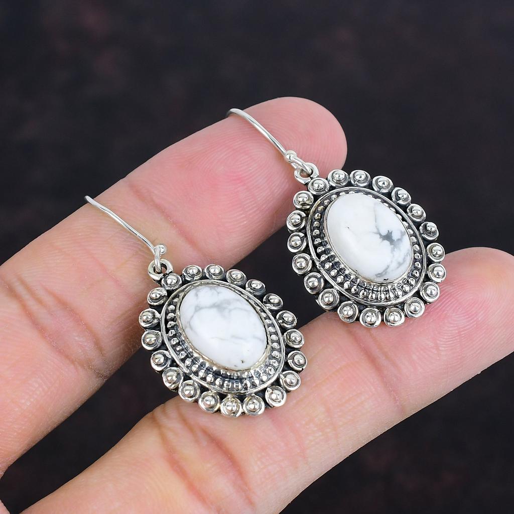 Cercei Howlite cu pietre prețioase naturale, cercei din argint 925, design vintage, bijuterii Howlite, cadouri de nuntă, cercei lucrați manual