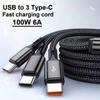 3 In 1 100W 6A USB-A to 3 ×Type-C Fast Charging Data Cable For iPhone 17 Samsung Xiaomi Android Phone USB C Data Transfer Cord