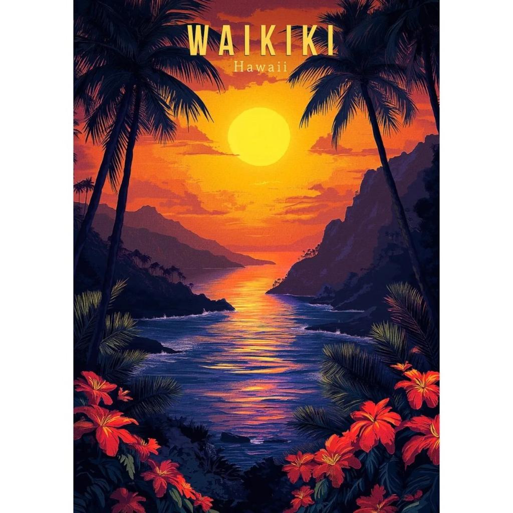 Hawaii Travel Posters Oahu Waikiki Sunset Vintage Tropical Prints Beach Ocean Canvas Painting Wall Art Pictures Home Room Decor