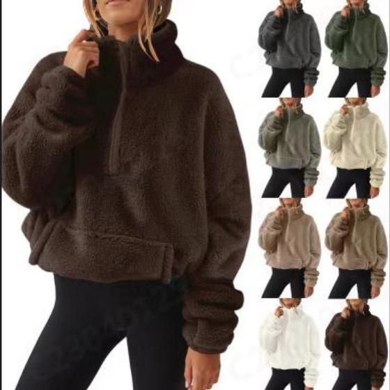 Women Fuzzy Fleece Pullover Half Zip Stand Collar Long Sleeve Kangaroo Pocket Loose Fit Winter Sweatshirt
