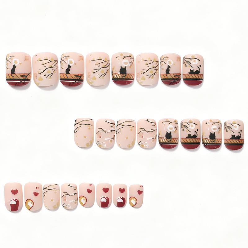 24 nail art autumn and winter style cute black cat branches short square wearing nail pads