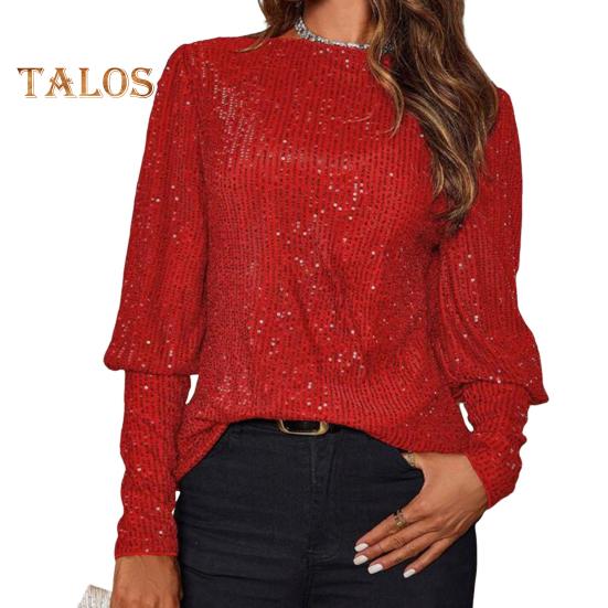 

Женские топы с круглым вырезом и длинными рукавами, свободный крой, блестящие пайетки, эластичная повседневная блузка S красный