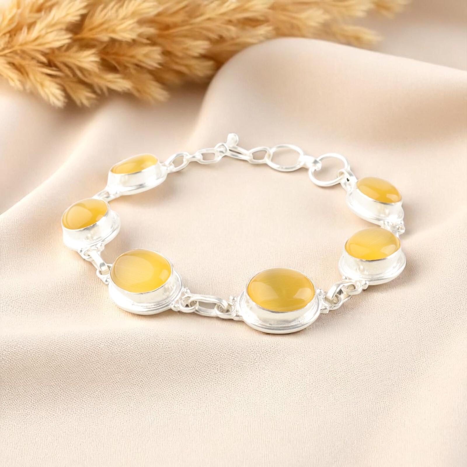 

Натуральный желтый камень кошачий глаз, серебро 925 пробы, браслет ручной работы 8,5 RB-3-26