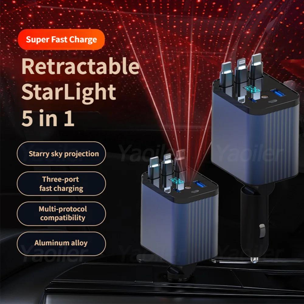 120W Retractable Car Charger Adapter, 5-in-1 Fast Charging USB C Starry Sky Phone Charger with 3 Retractable Cables,for IPhone