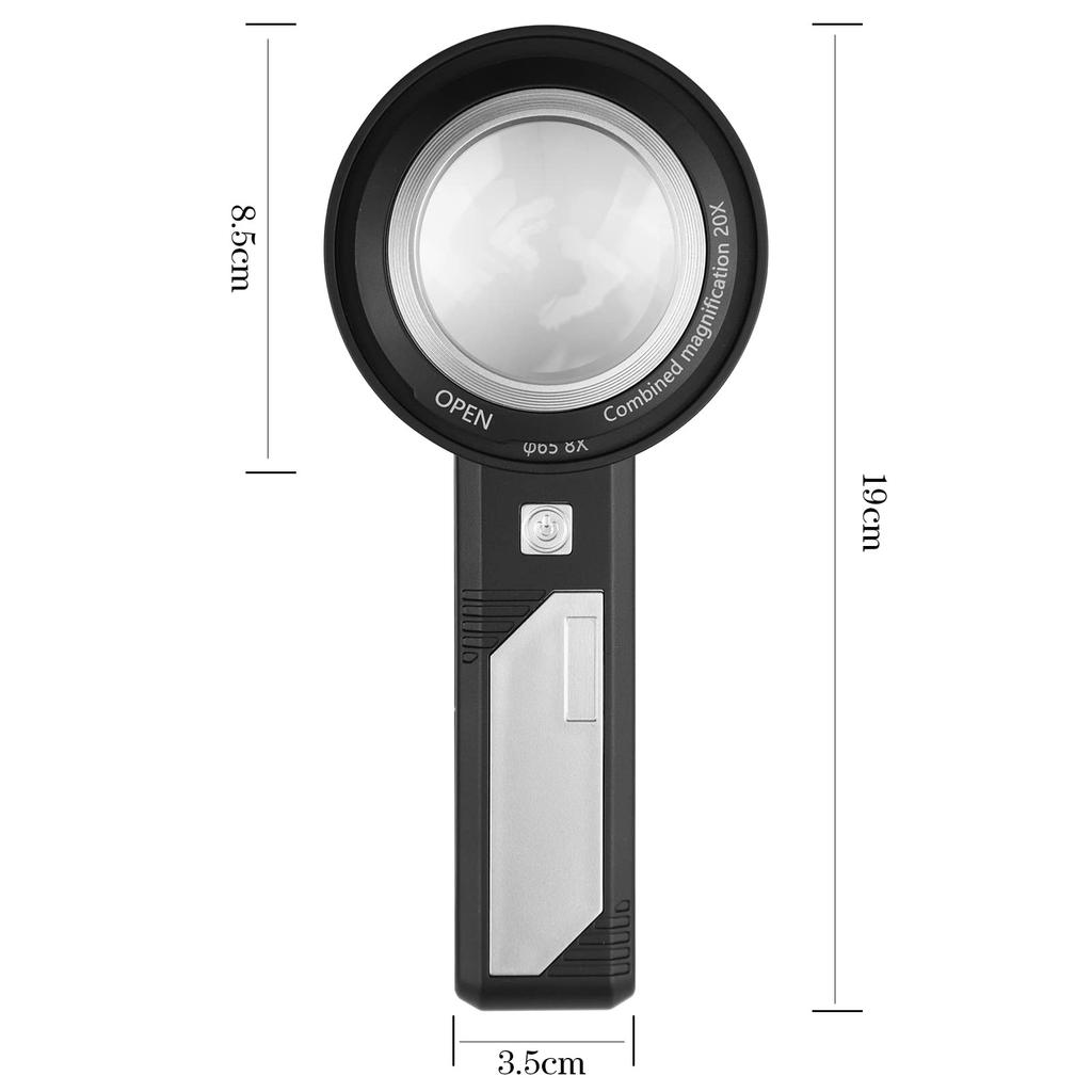 Handheld Magnifying Glass, Double Lens, 8x15x20x Magnification, Illuminated Magnifier with 6 LED Lights and 2 UV Lights, Perfect for Reading Maps,