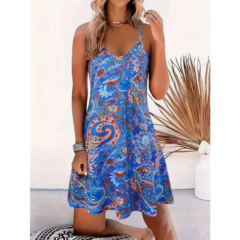 Robe Camisole Imprimé Cachemire pour Femme Printemps/Été, Robe de Vacances Mode