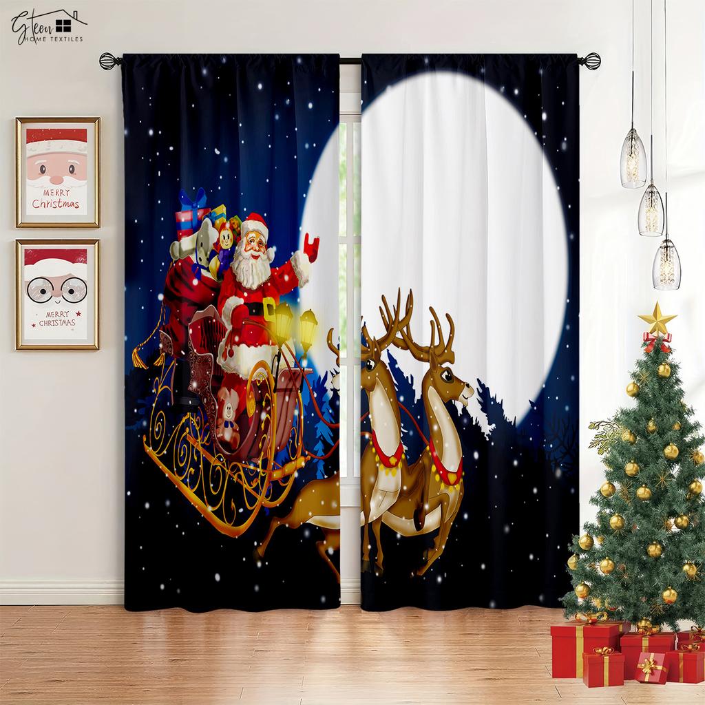 Christmas New Decorative Curtain Christmas Tree Santa Claus Gift Elk Pumpkin Carriage Festive Atmosphere 3D Printed Curtain