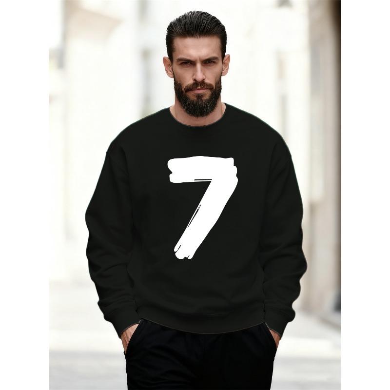 Men'S White Casual Crew Neck Sweatshirt with Number 7 Pattern
