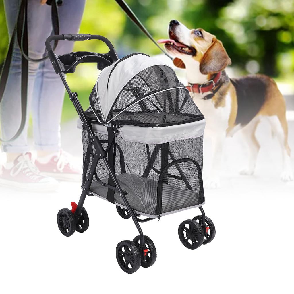 Pet Stroller One Click Folding Cat Stroller 4 Wheels Dog Wagon with Sun Shades and Cup Holder for Travel Foldable Dog Stroller