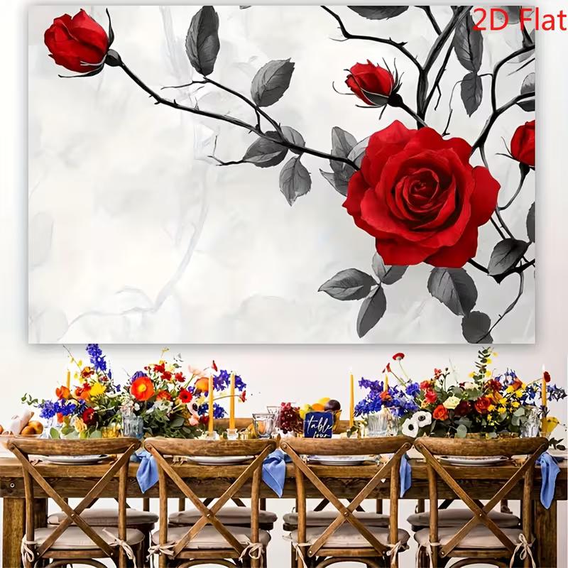 2D Artistic Black and White Red Rose Backdrop for Live Streaming & Decoration