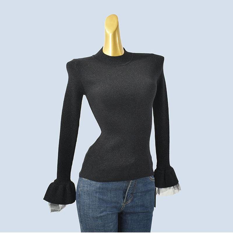 Horn Ruffle Sleeve Chiffon Patchwork Cann Flash Silk Women's Half Turtleneck Base Knitting Women's Fall and Winter Slim Fit Slimming Top