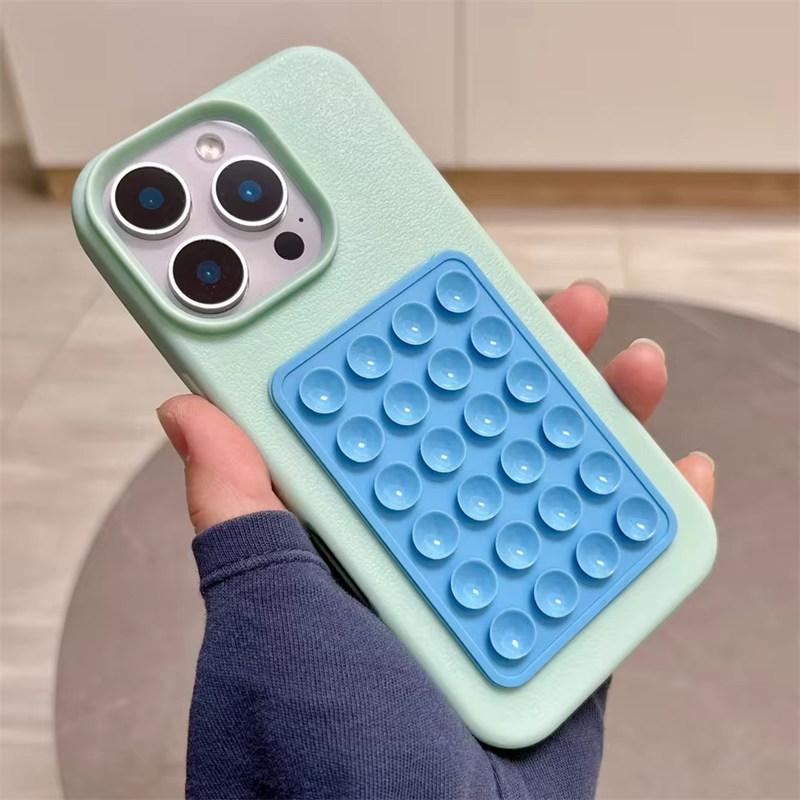 Luxury 3D Suction Cup Stand Litchi Pattern Phone Case For iPhone17 16 15 14 Plus 13 12 11 Pro Max XR X XS Soft Shockproof Cover