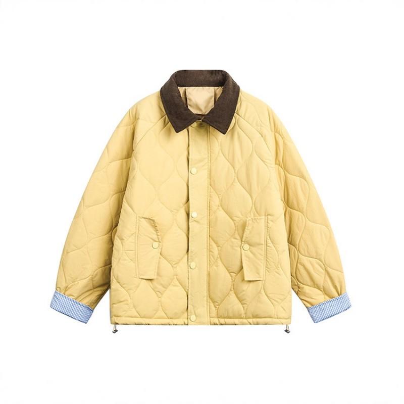 Unisex Retro College Style Quilted Cotton Puffer Jacket With Turn-Down Collar Thick Warm Winter Short Coat Teens Adults