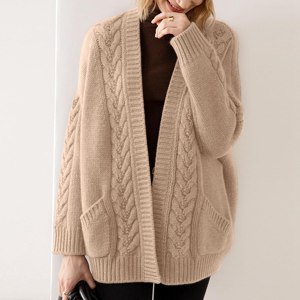 Ladies New Autum And Winter Loose Cable Knit Mid-length Sweater Coat