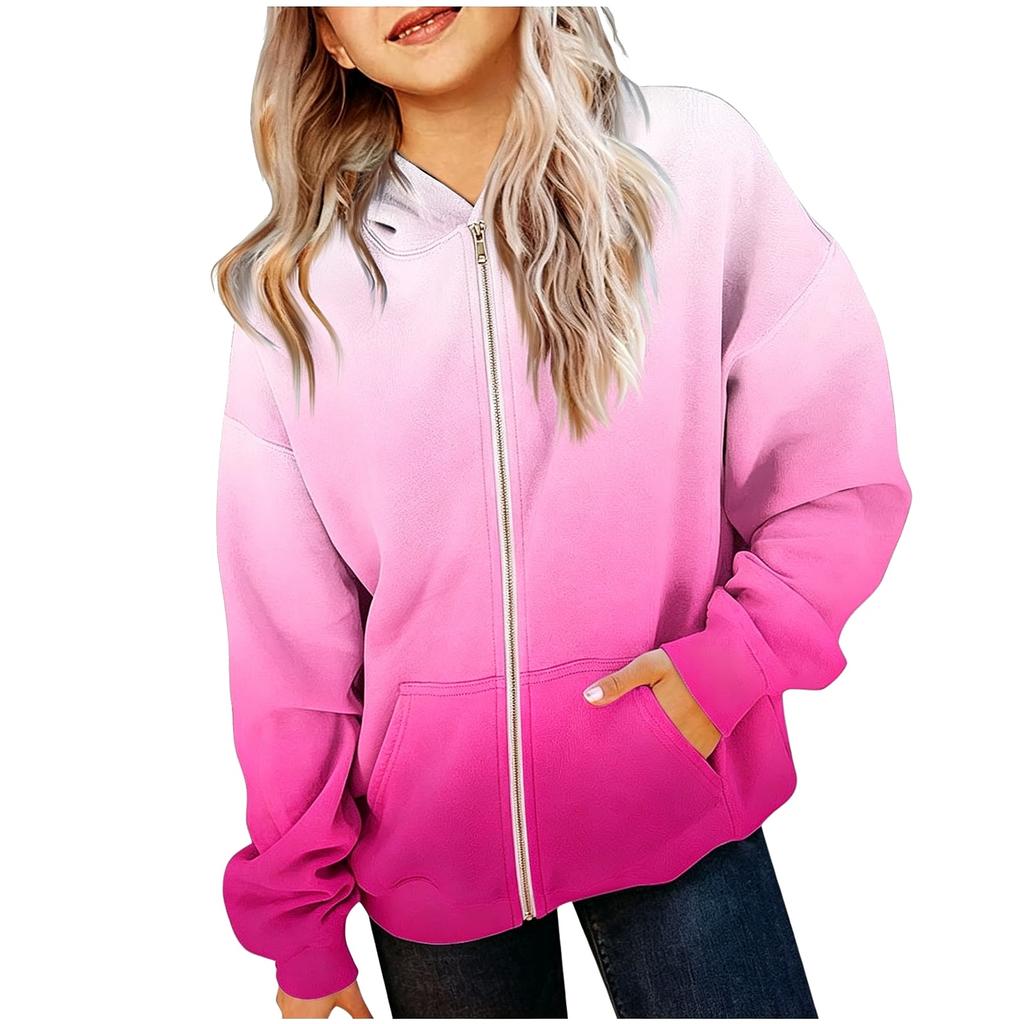 Kids Hooded Zip-Up Sweatshirt with Gradient Print, Long Sleeve Casual Outerwear for Boys Girls