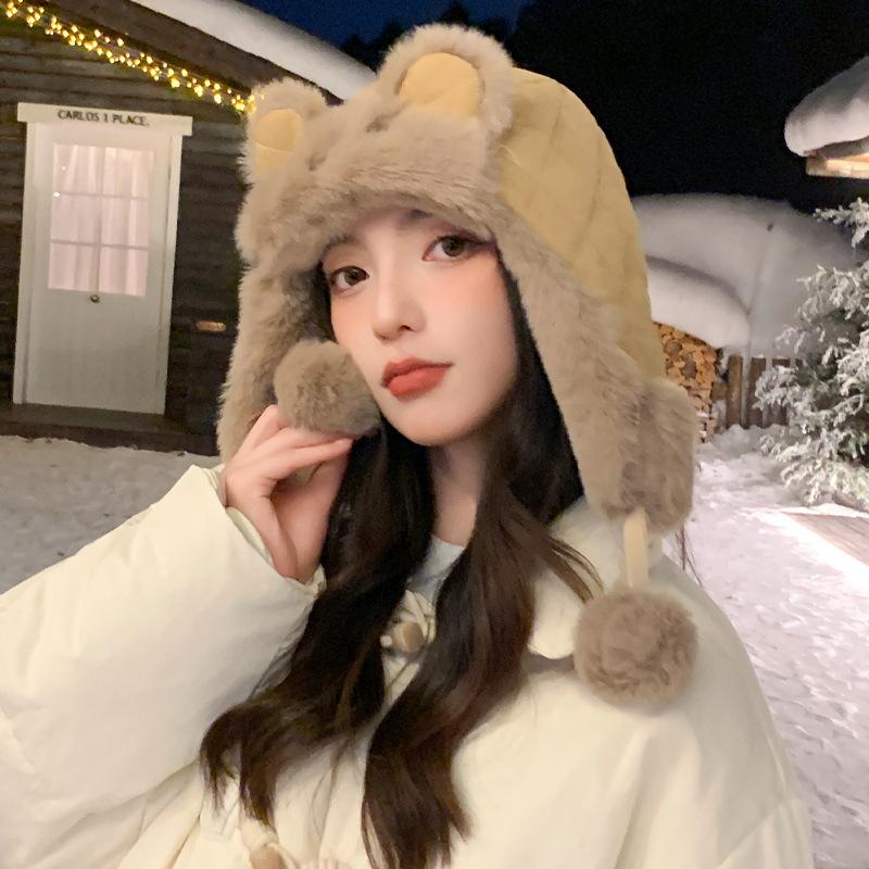Cute Rabbit Ear Plush Hat for Women In Winter Plush Warm Lei Feng Hat Riding Cold Northeast Ear Protection Hat Thick