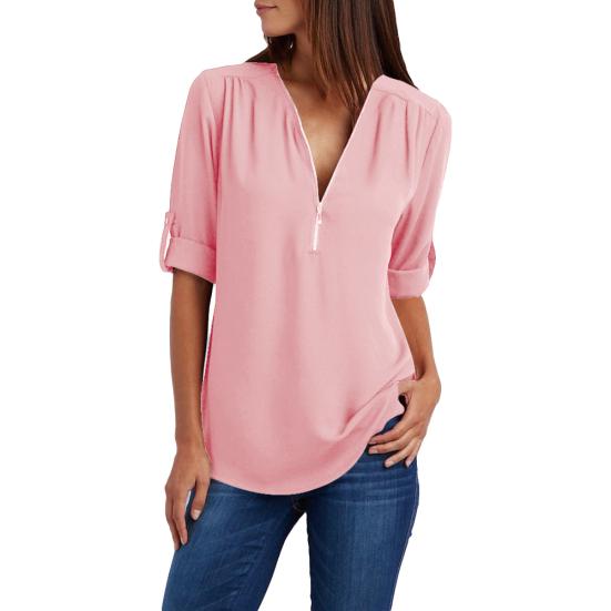 Plus Size Women Solid Color Loose Zipper V Neck Long Sleeve Chiffon Blouse Shirt