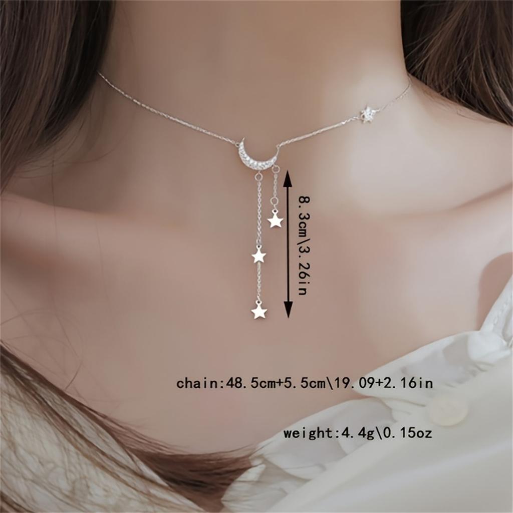 Silvery Color Elegant Tassel Star And Moon Necklace Minimalist Style Women's Fashionable Jewelry Perfect Birthday Wearing Gifts For Eid