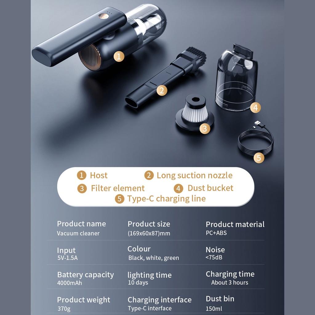 5V 60000RMP Folding Car Vacuum Cleaner 50W Cordless Strong Suction Portable Mini Hand Vacuum LED Light Rechargeable for Car Interior Home