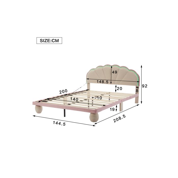 Lit rembourré avec bandes lumineuses multicolores interchangeables, velours, beige + rose, 140x200 cm