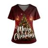 Dámský vánoční potištěný top s výstřihem do V, dvěma kapsami, krátkým rukávem, rozparkem na lemu, uniforma pro pečovatelky