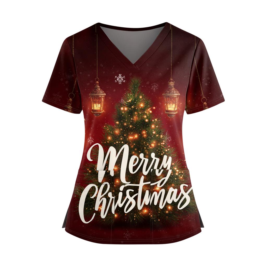 Dámský vánoční potištěný top s výstřihem do V, dvěma kapsami, krátkým rukávem, rozparkem na lemu, uniforma pro pečovatelky