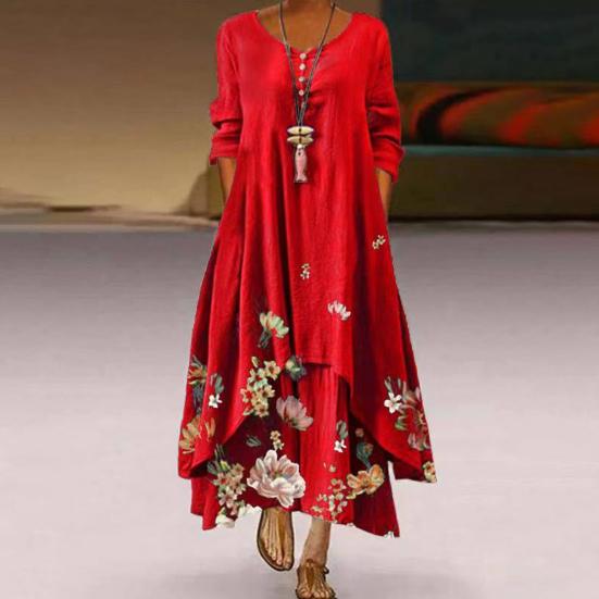 Loose Dress Round Neck Ankle-length Irregular Hem Floral A-line Dress With Pocket for