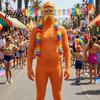 Skin Friendly Party Outfit Orange Full Bodysuit for Kids Adults, with Belly, Yellow Mustache & Eyebrows, Halloween Jumpsuits Men Women Open