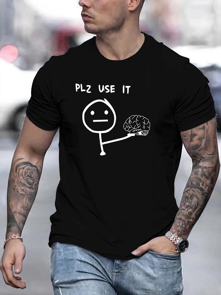 Funny Stick Figure And Brain Graphic Print Men's Creative Top, Casual Short Sleeve Crew Neck T-shirt#Color