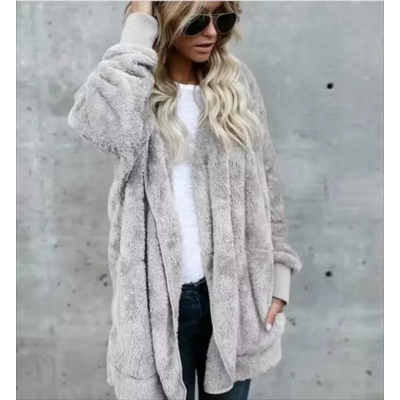 Double Fleece Cardigan Jacket for Women Autumn Winter Solid Color Long Sleeve Oversized Coat Plush Warm Hooded Ladies Coats