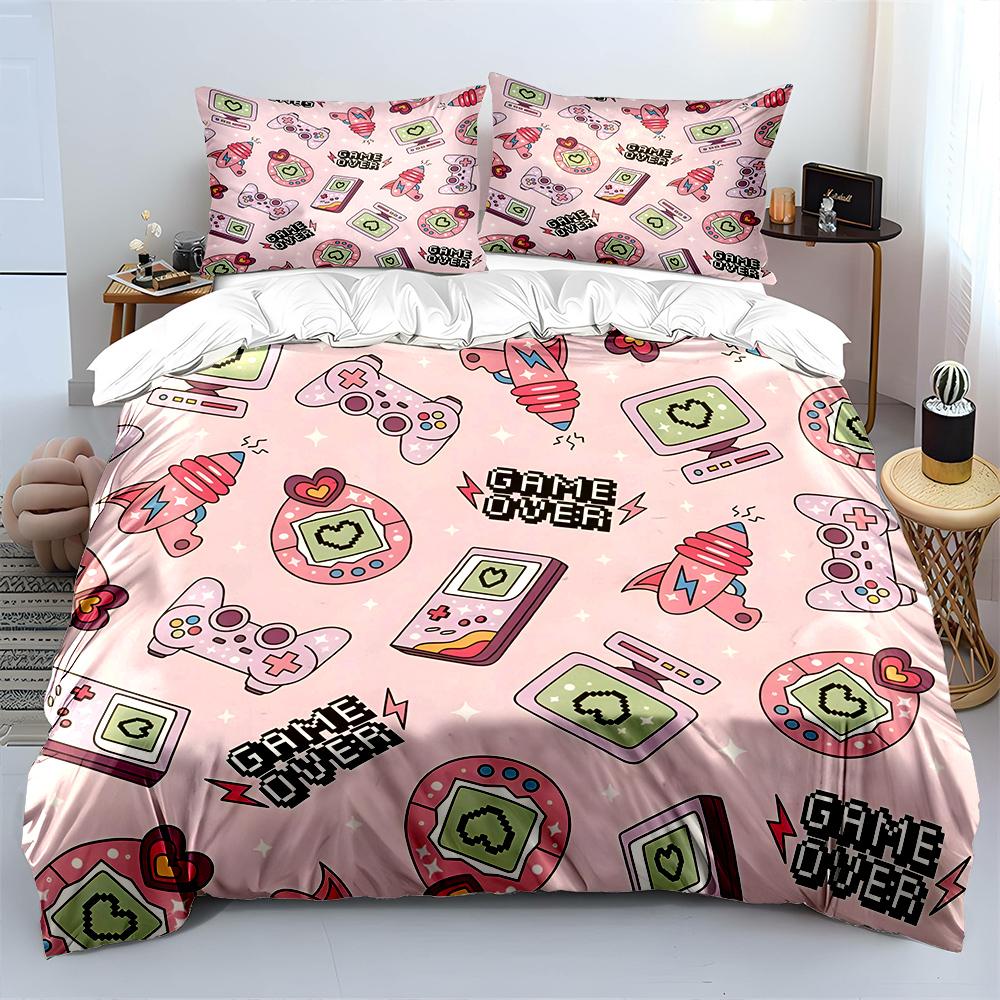Retro Gaming Icons on Pink Background Bedding Set for Kids Luxury Gift 3pcs Digital Print Comforter Set Soft Comfortable 135x200cm