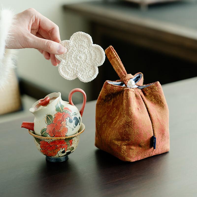 New Chinese Style Hand-painted Cat & Camellia Travel Tea Set
