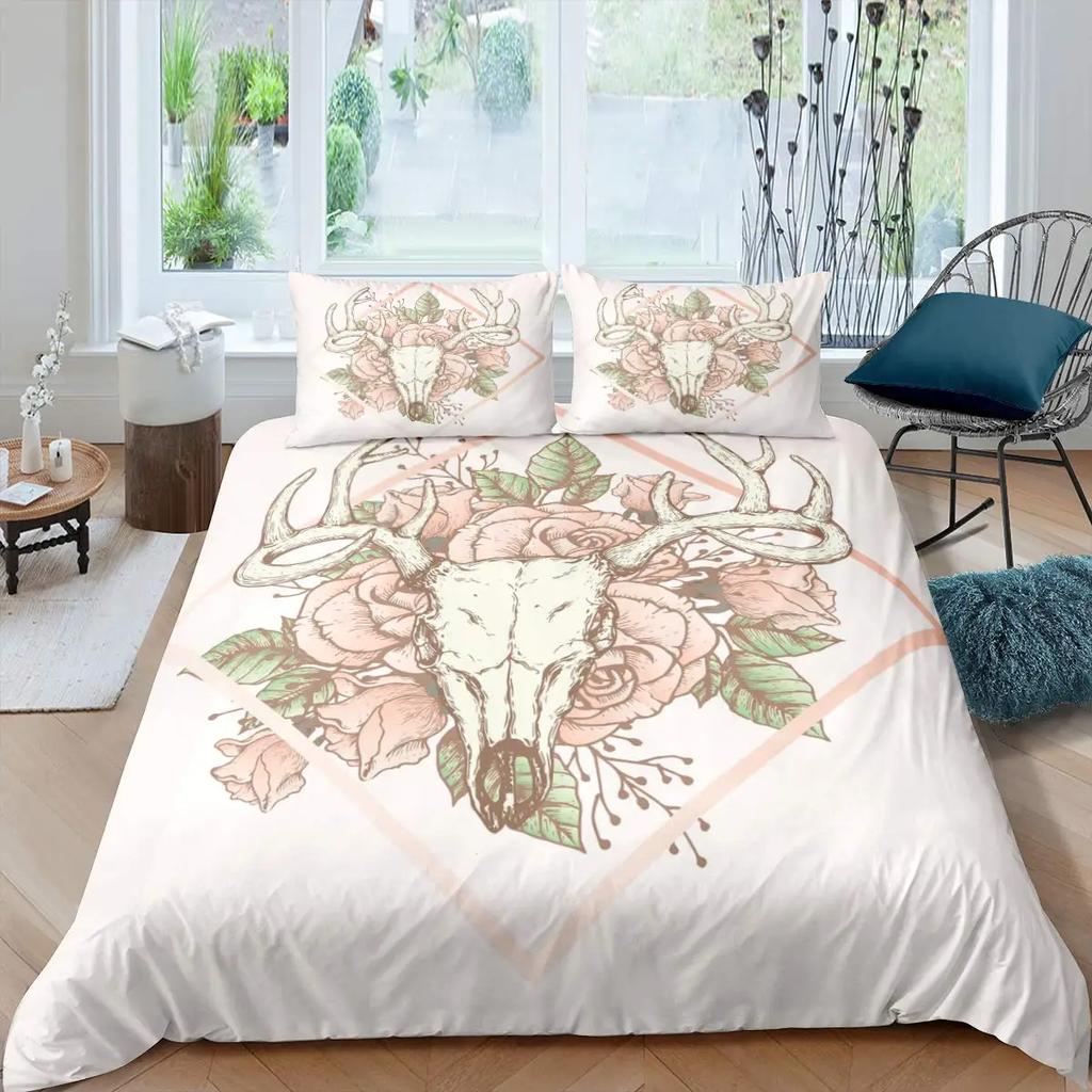 Antler King Queen Duvet Cover Whitetail Deer Bedding Set Wild Fawn Quilt Cover Countryside Rural Animal Brown Comforter Cover