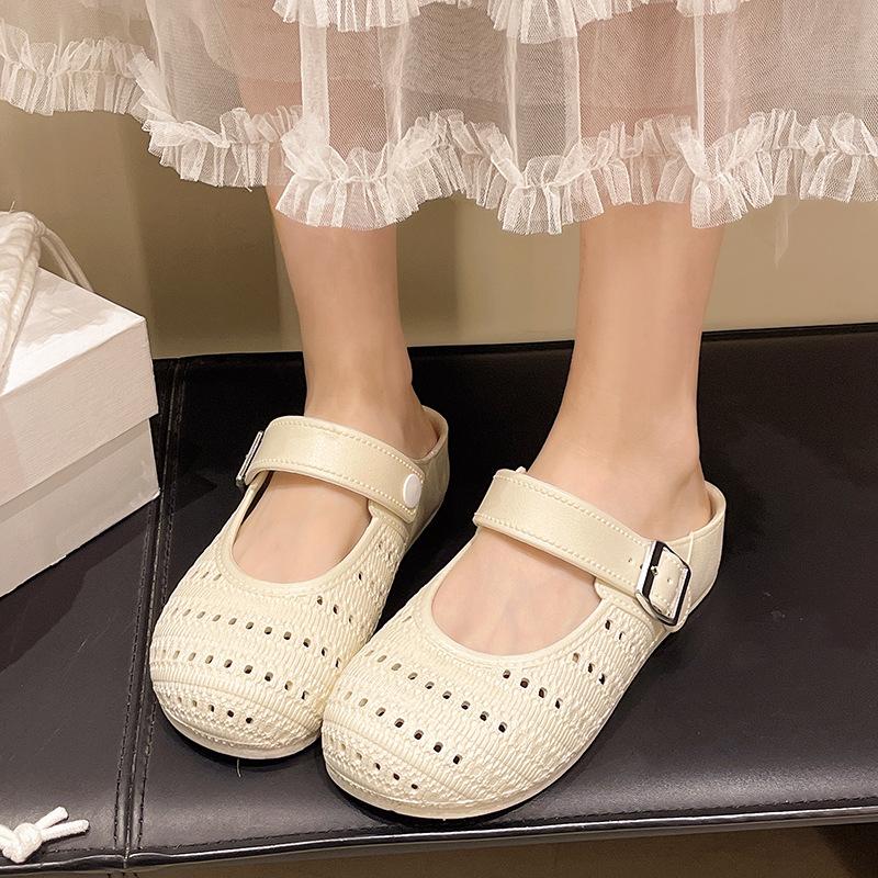 Retro Woven Hollow Bag Head Half Slippers Women's Outer Wear New Spring and Summer Vacation One Pedal Soft Bottom