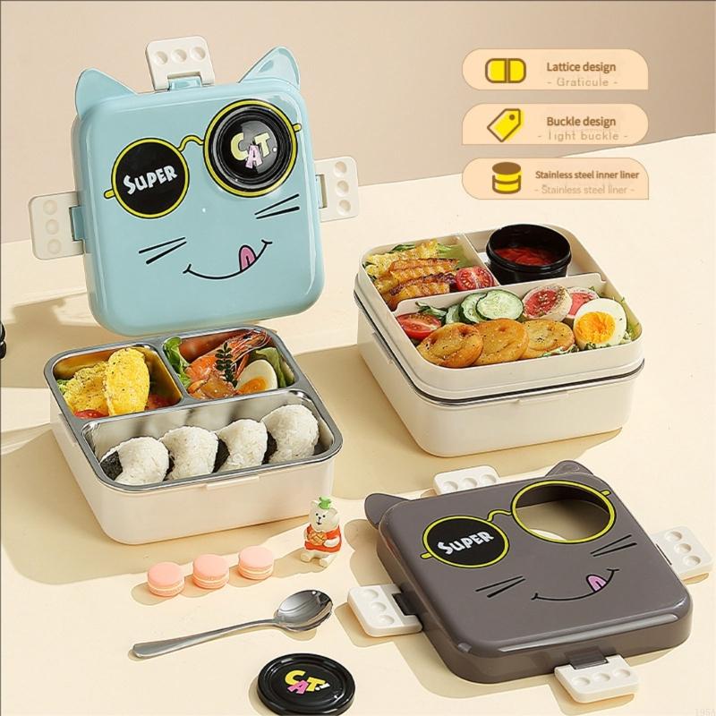 3 Compartment Stainless Steel Lunch Box With Cartoon Design Leak Proof Lid Food Container For School Office Bentos
