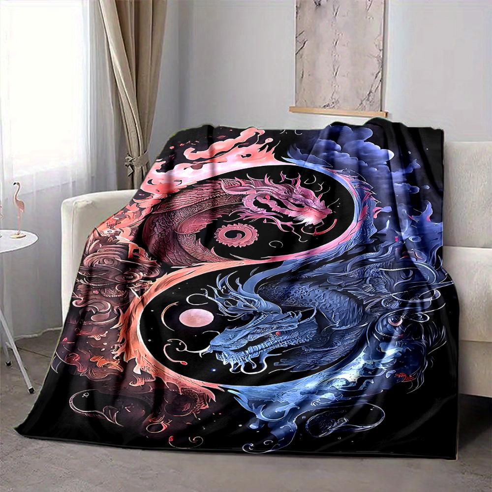1pc Yin Yang Dragon Blanket, Lightweight Flannel Throw For Sofa, Bed, Travel, Camping, Livingroom, Office, Couch, Chair